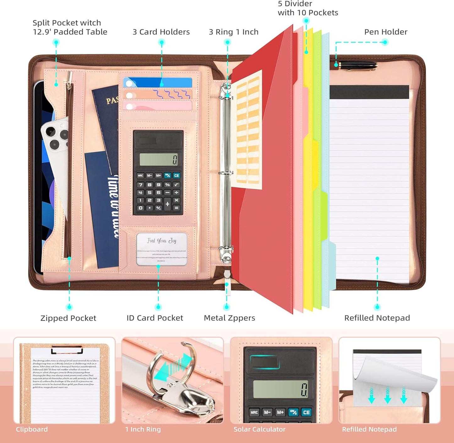 Ospelelf Clipboard with Storage, 3 Ring Binder with Zipper, Leather Padfolio Portfolio Folder, Calculator, 12.1” Tablet Sleeve, 5 Dividers with Pocket|Refillable Notepad, Card Slot (Rose Gold)