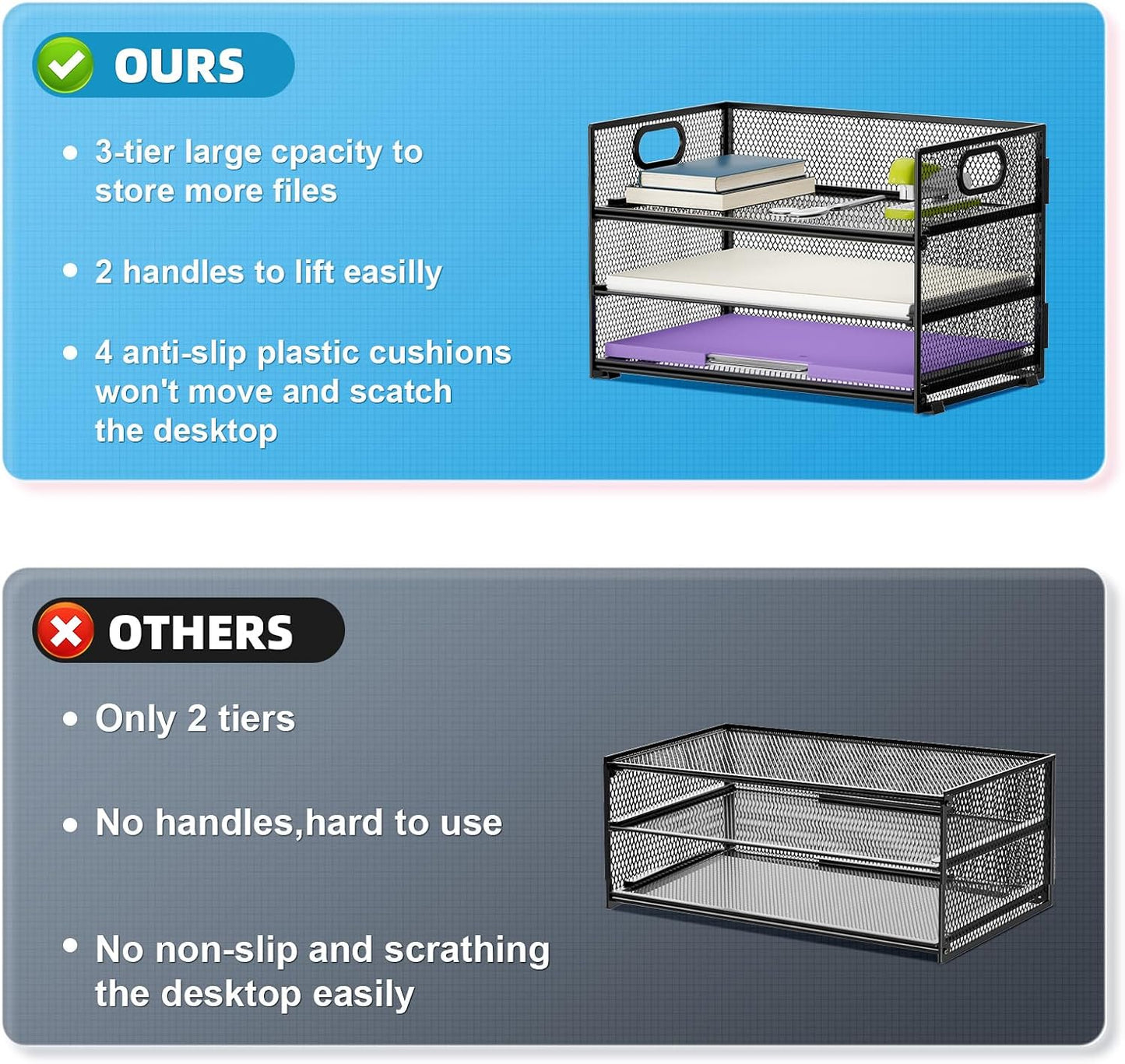 Marbrasse 3 Tier Paper Organizer Letter Tray, Mesh File Organizer with Handle, Paper Sorter Desk Organizer for Home Office Supplies - 2p