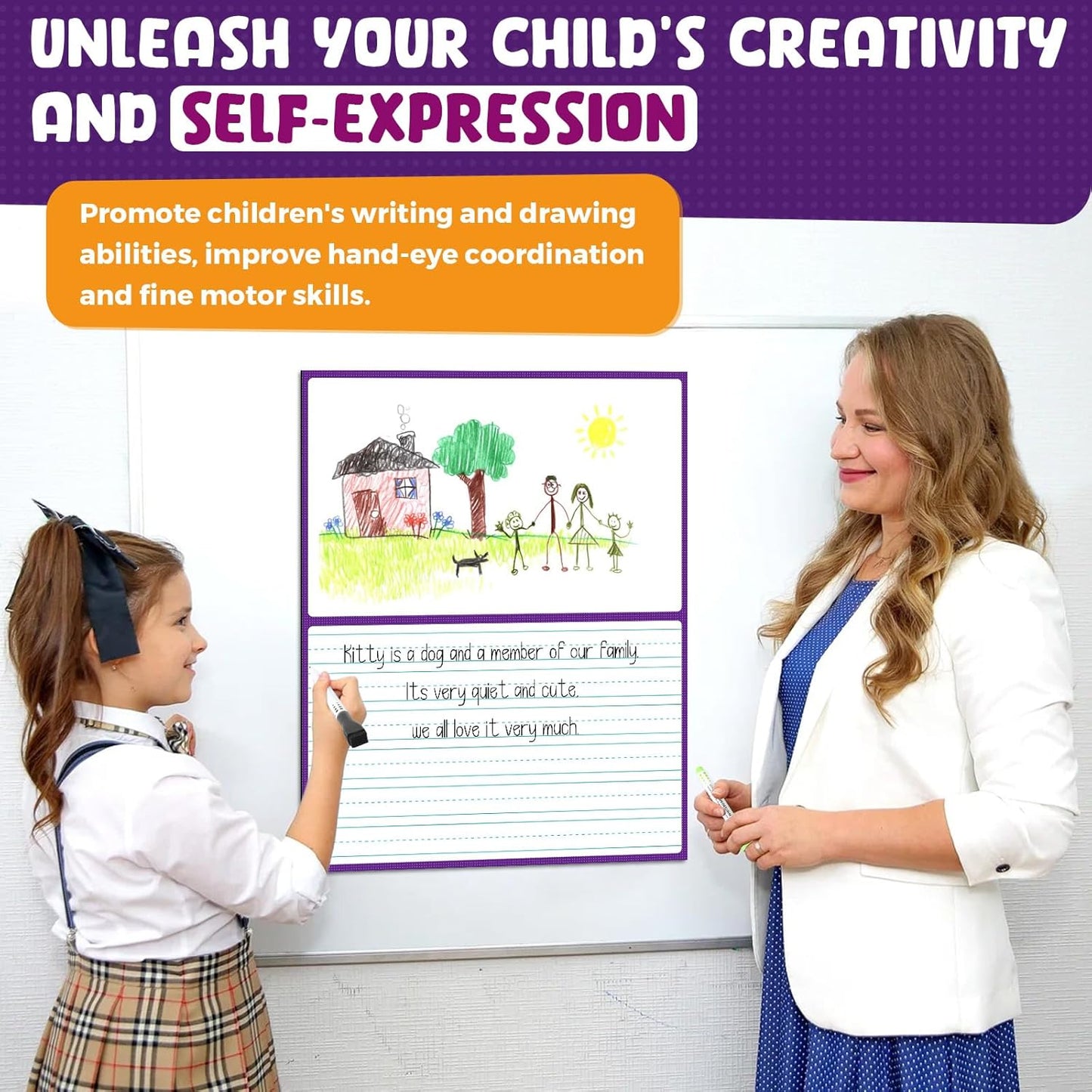 KIKIGOAL 21.5"x17" Magnetic Draw and Write Paper,Dry Erase Handwriting Lined Paper for Classroom Whiteboard, Writing Chart Page Teacher Must Have Homeschool Teaching Supplies (Draw and Write)