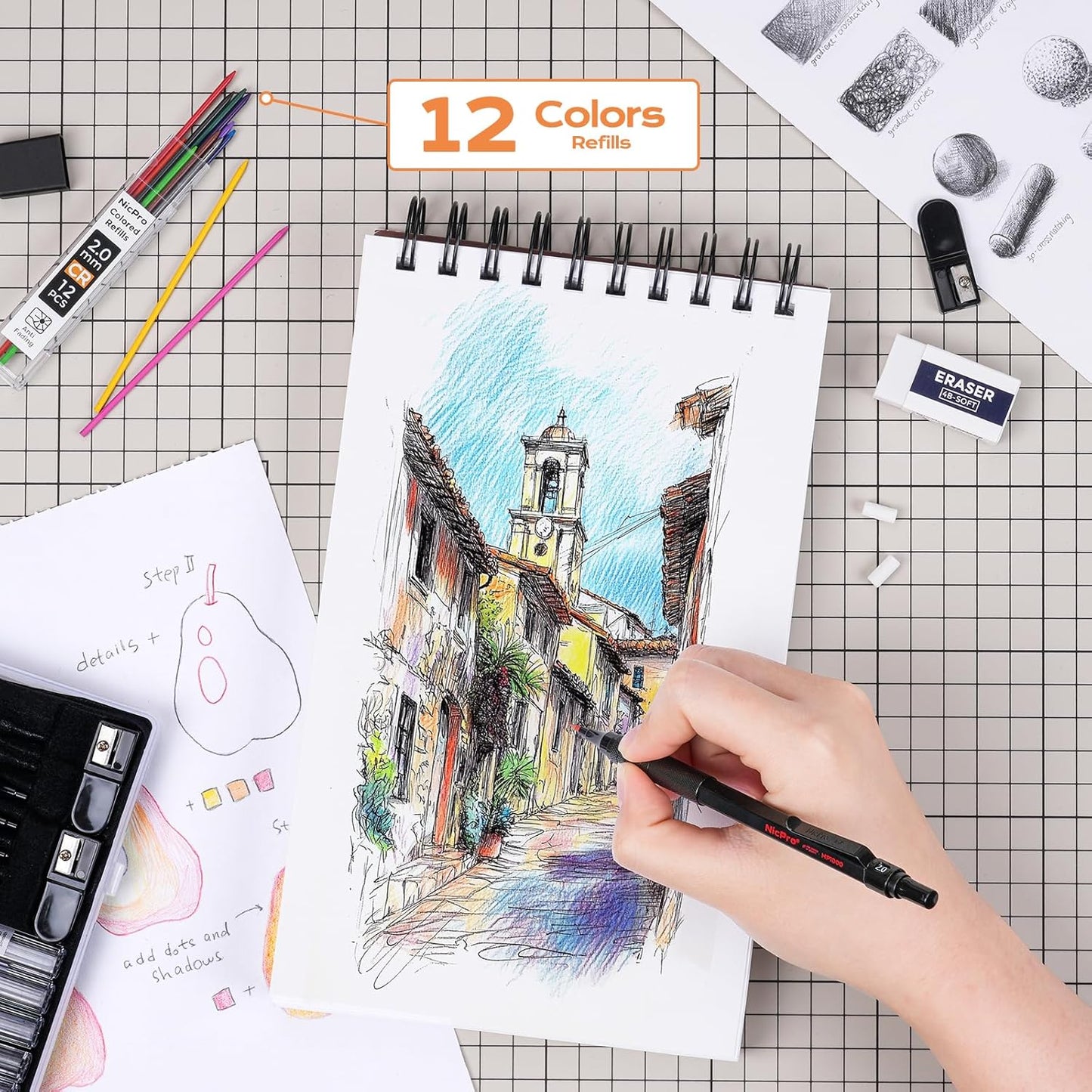 Nicpro 22PCS Art Mechanical Pencil Set, Black Artist Metal Drafting Pencil 0.5 & 0.7 & 0.9 mm & 2PCS 2mm Graphite Lead Holder(4B 2B HB 2H) for Drawing Writing Sketching With Lead Refills Erasers Case