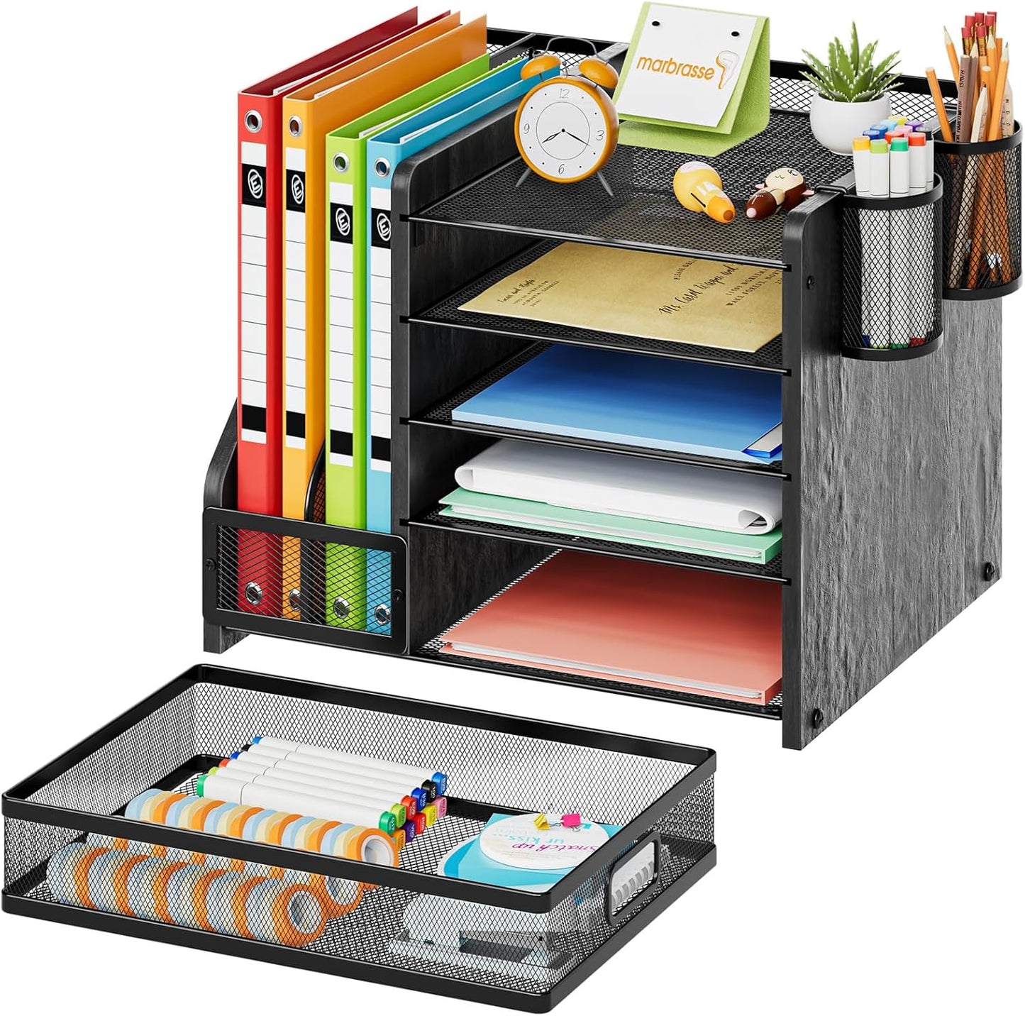 Marbrasse Desk Organizer with File Holder, 5-Tier Paper Letter Tray Organizer with Drawer and 2 Pen Holder, Mesh Desktop Organizer and Storage with Magazine Holder for Office Supplies (Wood-Black)