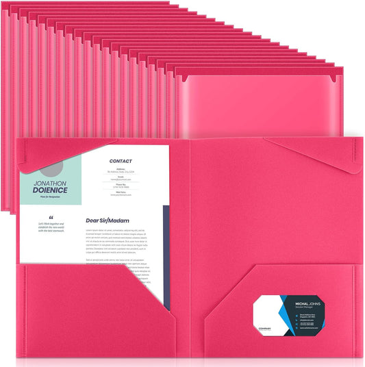 Henoyso 60 Pcs Plastic Folders with Clear Front Pockets Heavy Duty File Folders with 2 Pockets and Card Slot for Student Communication School Office Presentation Report (Hot Pink)
