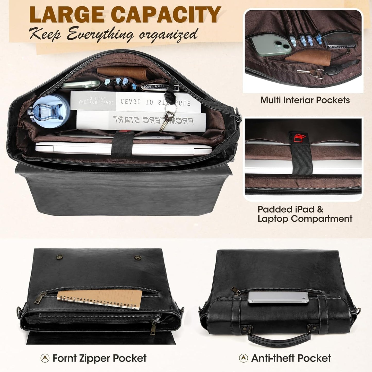 RAINSMORE Mens Messenger Bag 17 Inch Waterproof Vintage Leather Laptop Briefcase Large Laptop Bag Satchel Bag Computer Shoulder Bag for Office Business Travel College,Brown