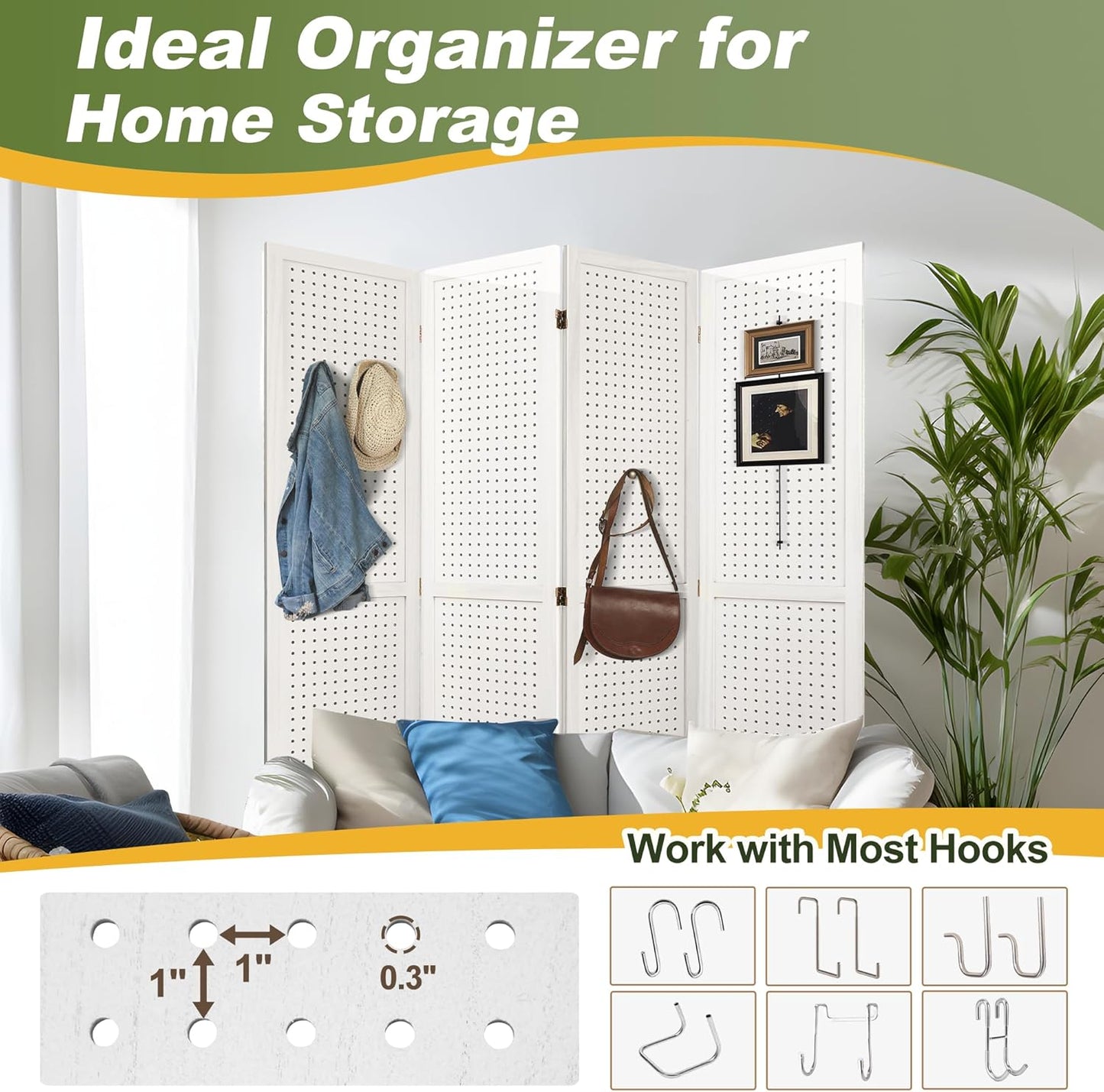 NicBex 4 Panel Pegboard Display,5.6FT Wood PegBoard Room Dividers,Folding Privacy Screens Portable Freestanding Display Board for Craft/Art Shows,Room Separation,White