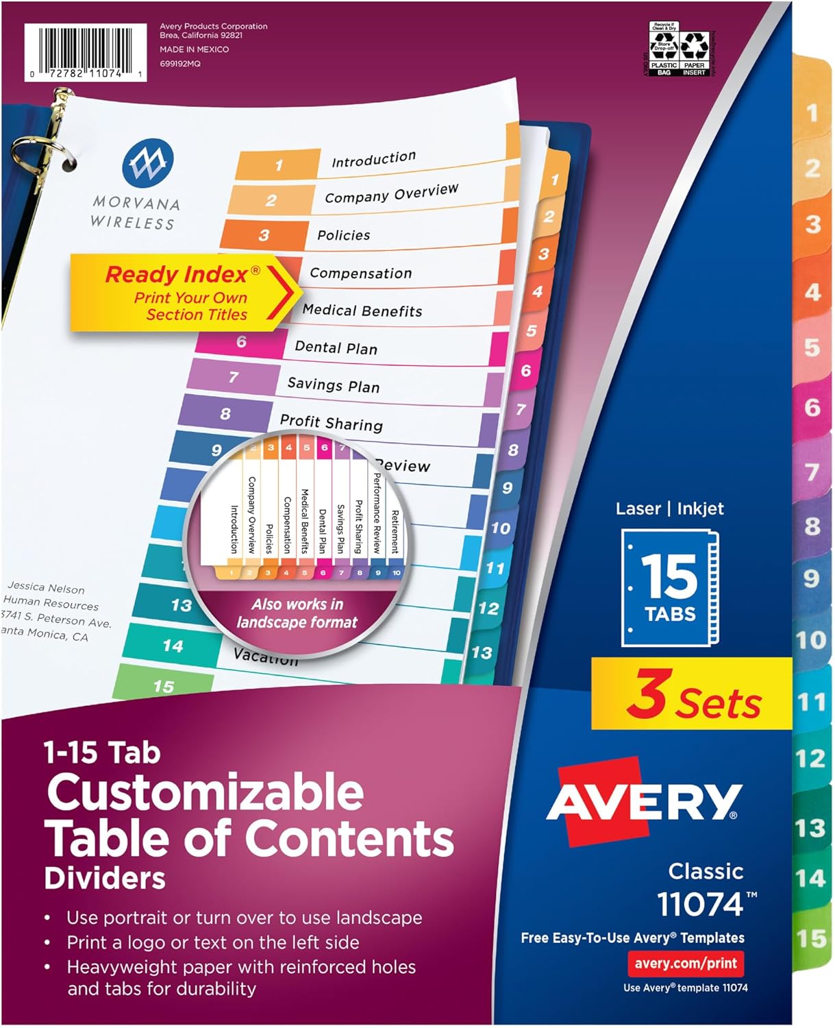 Avery Dividers for 3 Ring Binders, 15 Tabs per Set, Customizable Table of Contents, Multicolor Tabs, Great for Organizing Reports, Projects, and More (3 Sets of 11074)