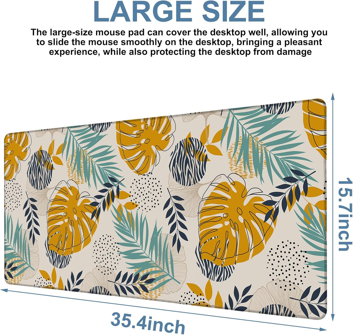 Large Mouse Pad Palm Leaves Gaming Desk Pad Computer Keyboard Non-Slip Waterproof Mouse Mat with Rubber Base and Stitched Edges Entertainment Office Writing Desk Mat 35.4 x 15.7 Inches
