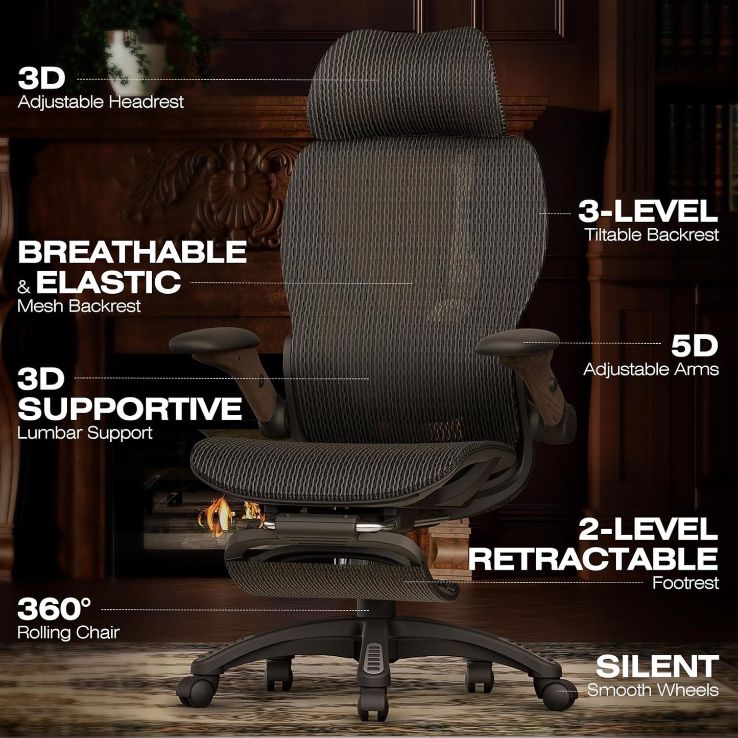 ELABEST X100 Ergonomic Office Chair with Footrest, Big and Tall Home Desk Chair with 5D Flip-Up Arms, Adjustable 5D Lumbar Support,High Back Rolling Computer Chair, Swivel Mesh Chairs (Library Oak)