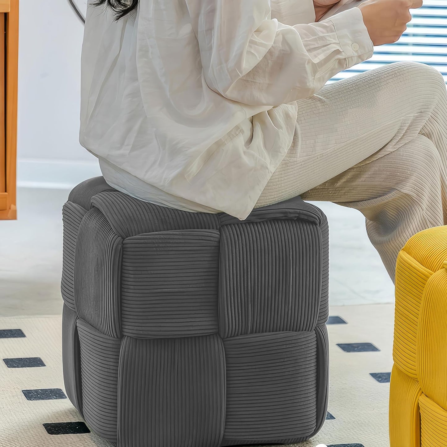 Ottoman Foot Rest Soft and Comfortable Ottoman Square Corduroy Woven Design Sofa Stool (Grey)