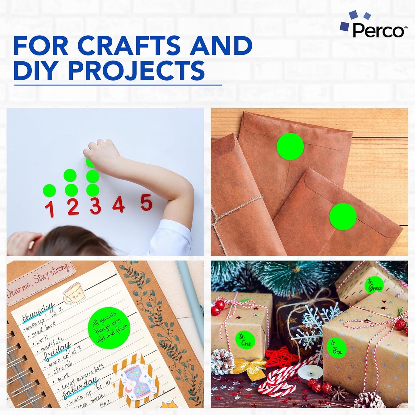 Perco Fluorescent Green 2-Inch Round Circle Dot Sticker Labels with Easy Peel Perforation - 500 Labels per Roll - Strong Adhesion, Vibrant Colors for Organizing, Crafting & More - Made in USA