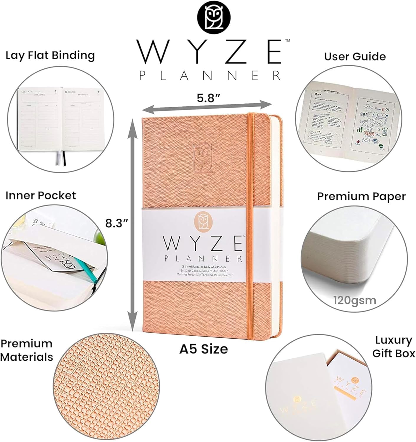 Undated Daily Planner – 3-Month A5 Productivity Organizer with Full Page Per Day, Hourly Schedule, Goal Setting, Habit Tracker, Weekly & Monthly Pages – Hardcover Time Management Notebook (Rose Gold)