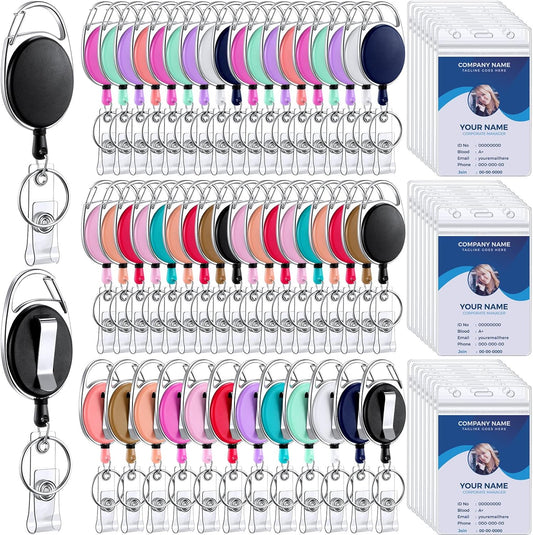 Laumoi 60 Pack Heavy Duty Retractable Badge Holder Reel with Belt Clip Keyring and Waterproof Vertical ID Card Holders for ID Name Card Keychain Badge (Colorful)