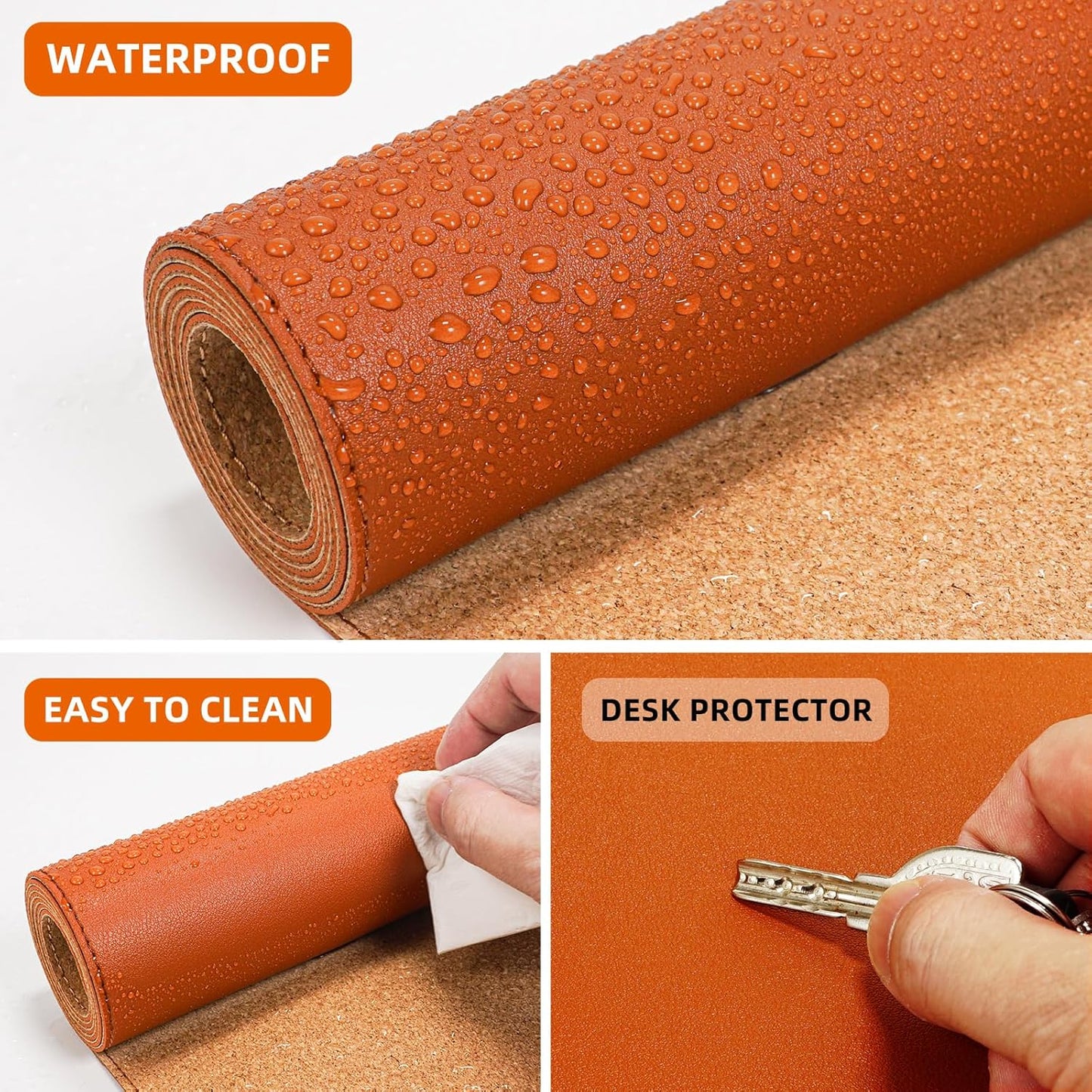 AFIING Leather Desk pad Protector, Large Desk mat with Natural Cork & PU Leather,Mouse pad,Non-Slip Office Desk Mat,Waterproof Desk Writing Pad for Office and Home (47in*23in, Orange)