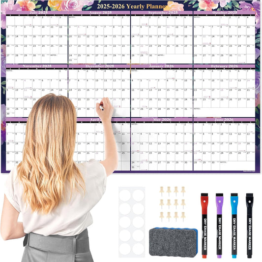 Ospelelf 32'' x 48'' Large Dry Erase Calendar for Wall 2025-2027, 2 Year Laminated Calendars Monthly Family Calendar for Office, Use July 2025 - June 2027 (Floral)