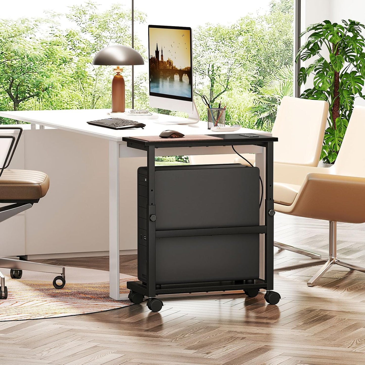 Snughome Computer Tower Stand with Charging Station, 25.0"-32.1" Height Adjustable PC Tower Stand for Floor, Mobile PC Holder with Locking Wheels Computer Cart for Home Office