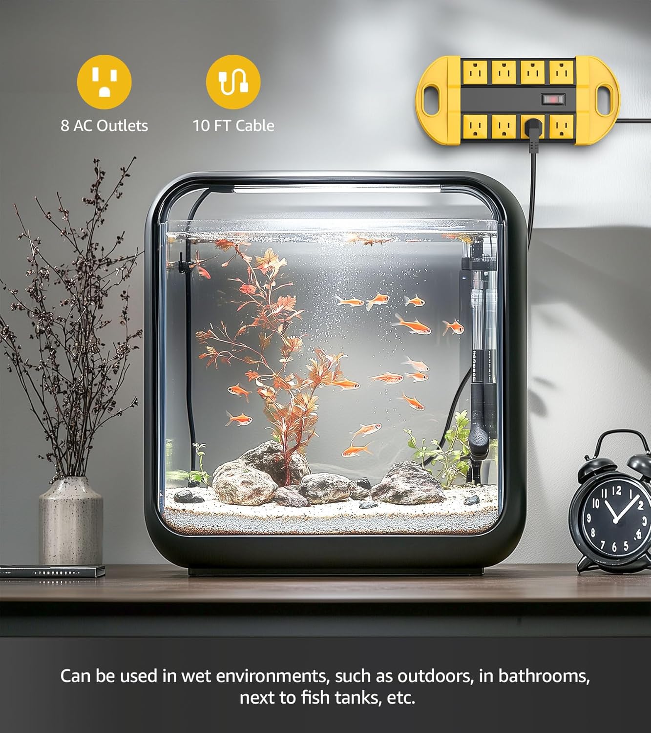 CCCEI 2 Outdoor Power Strips Weatherproof with 8 Plug, Waterproof Extension Cord with Multiple Outlets, Christmas Exterior Garden Yard Surge Protector 10FT, Yellow.