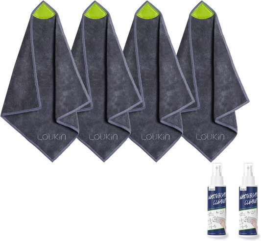 loukin 4 Pack Magnetic Cleaning Cloth, Microfiber Dry Erase Eraser, Washable Whiteboard Cleaning Cloth for Classroom, Home and Office, Gray, 12" x 12" - 3.4 fl oz Whiteboard Cleaner x 2 Included