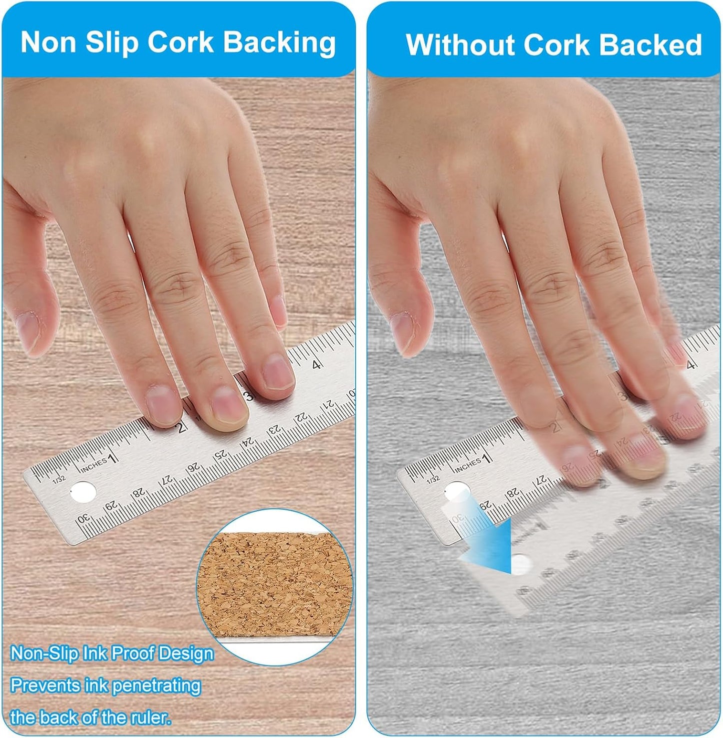 PATIKIL 14 Inch Stainless Steel Ruler Straight Edge Ruler, 2 Pcs Cork Backing Non-Slip Metal Ruler with Inches Centimeter Metric Measuring Tools for Office