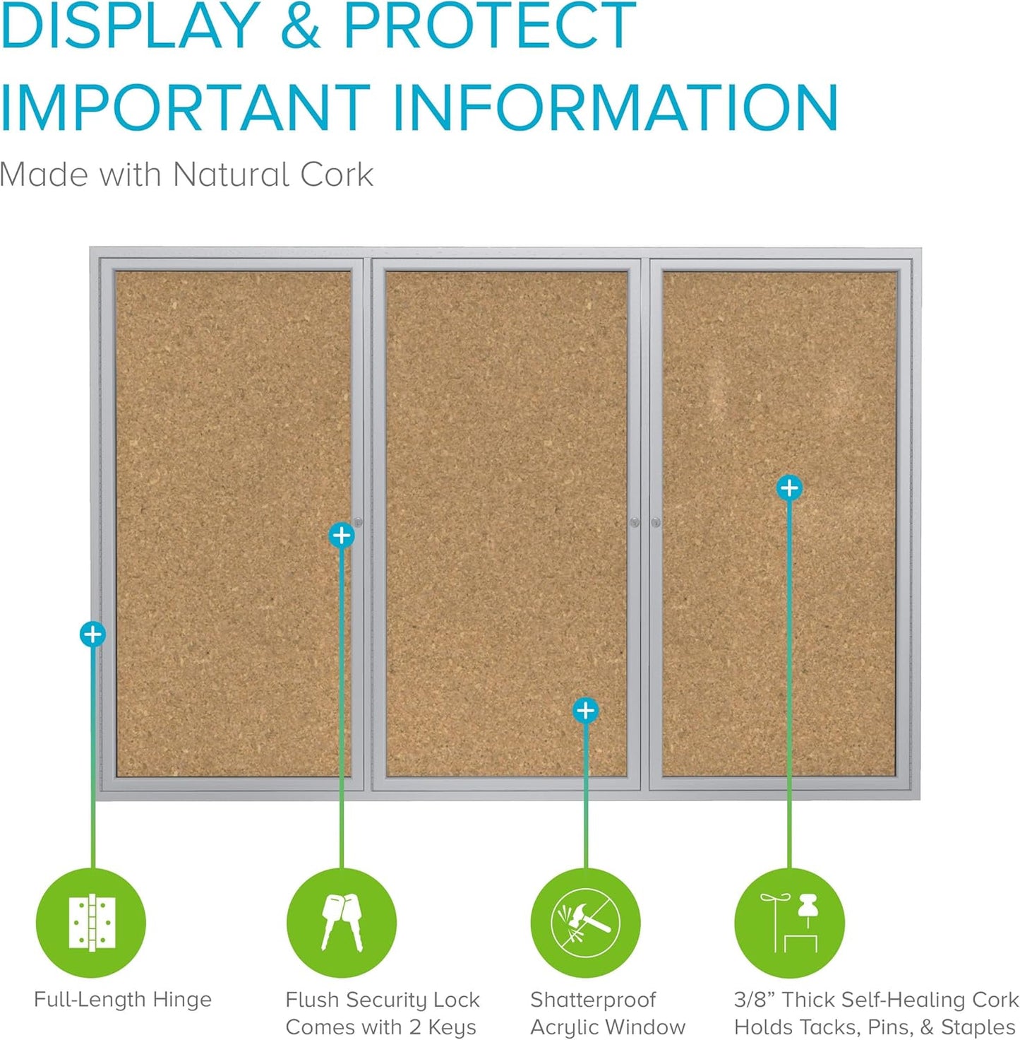 Ghent 48"x 96" 3-Door indoor Enclosed Bulletin Board, Shatter Resistant, with Lock, Satin Aluminum Frame - Natural Cork (PA34896K)-Made in USA