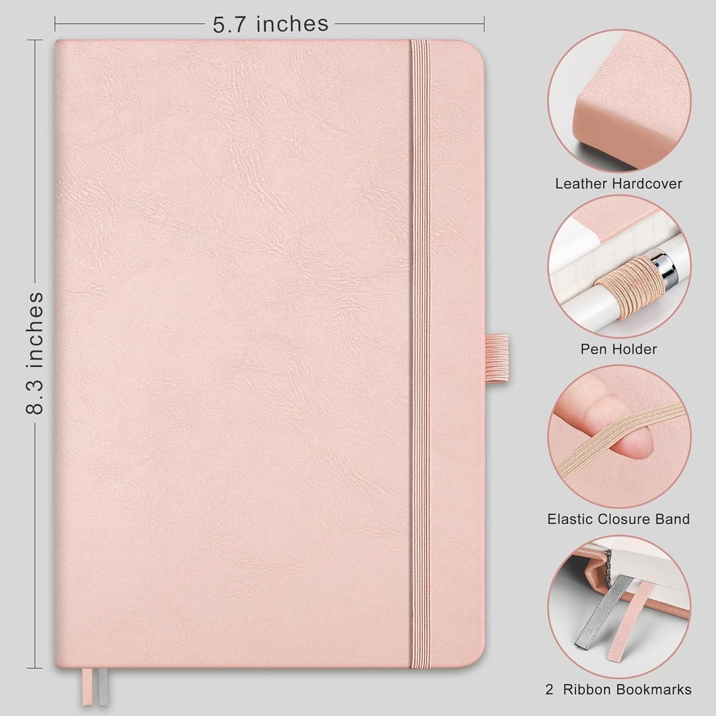 RETTACY Blank Journal Notebook, 192 Pages, A5 Medium Size (5.7'' x 8.3''), Leather Hardcover, 100 GSM Thick Paper, for Sketching, Drawing, Painting (Rose Gold)