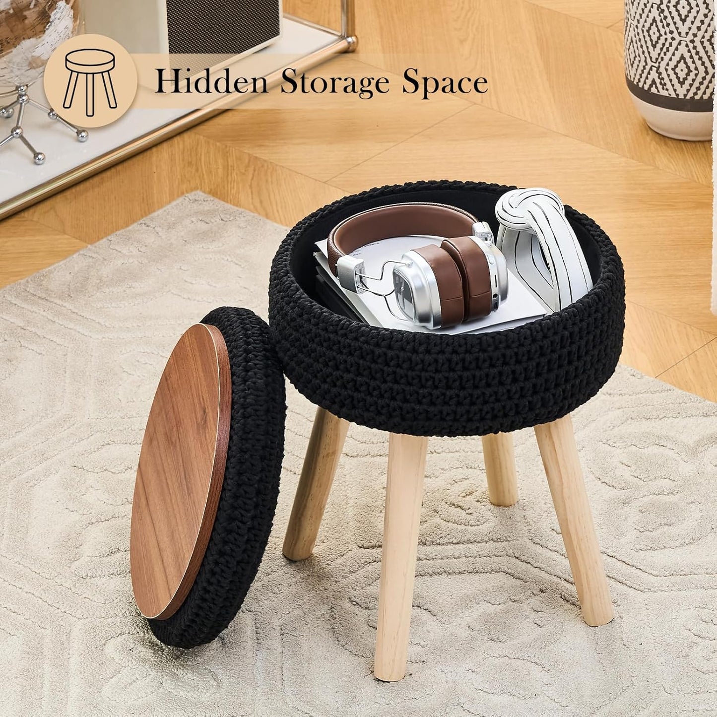Round Foot Stool Ottoman with Storage Footrest with Wood Legs Cotton Knitted Vanity Stool Tray Top Coffee Table Multifunctional Upholstered Footstool for Living Room Bedroom Black