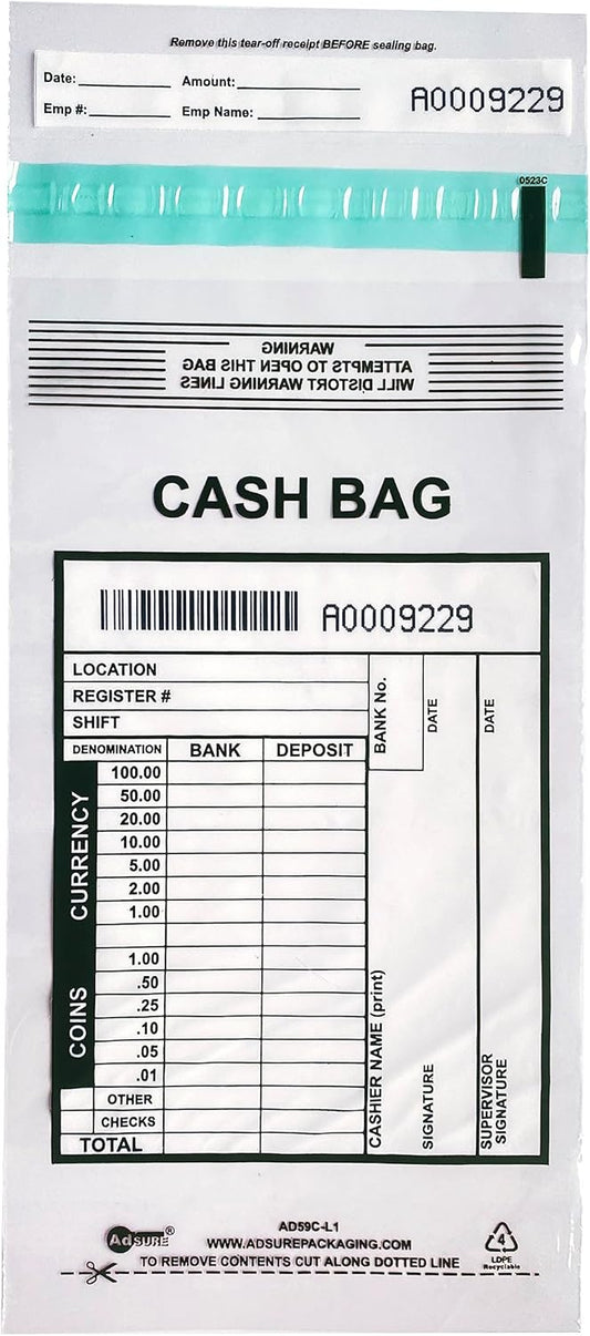 Clear Plastic Small Bank Deposit Bags For Cash | Pack of 1000 | 5"x9"|Tamper Evident Bags | Write-On Panel and Tear-Off Receipt | Ideal for Cash Handling