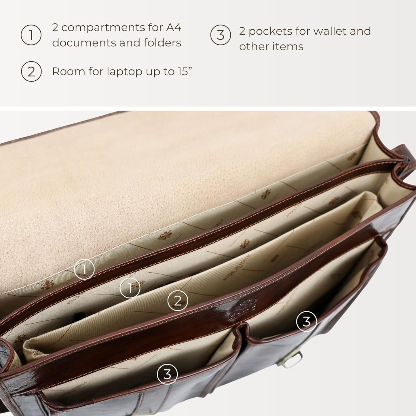 Time Resistance Leather Briefcase for Men Handcrafted in Italy Full Grain Messenger Bag for Laptop