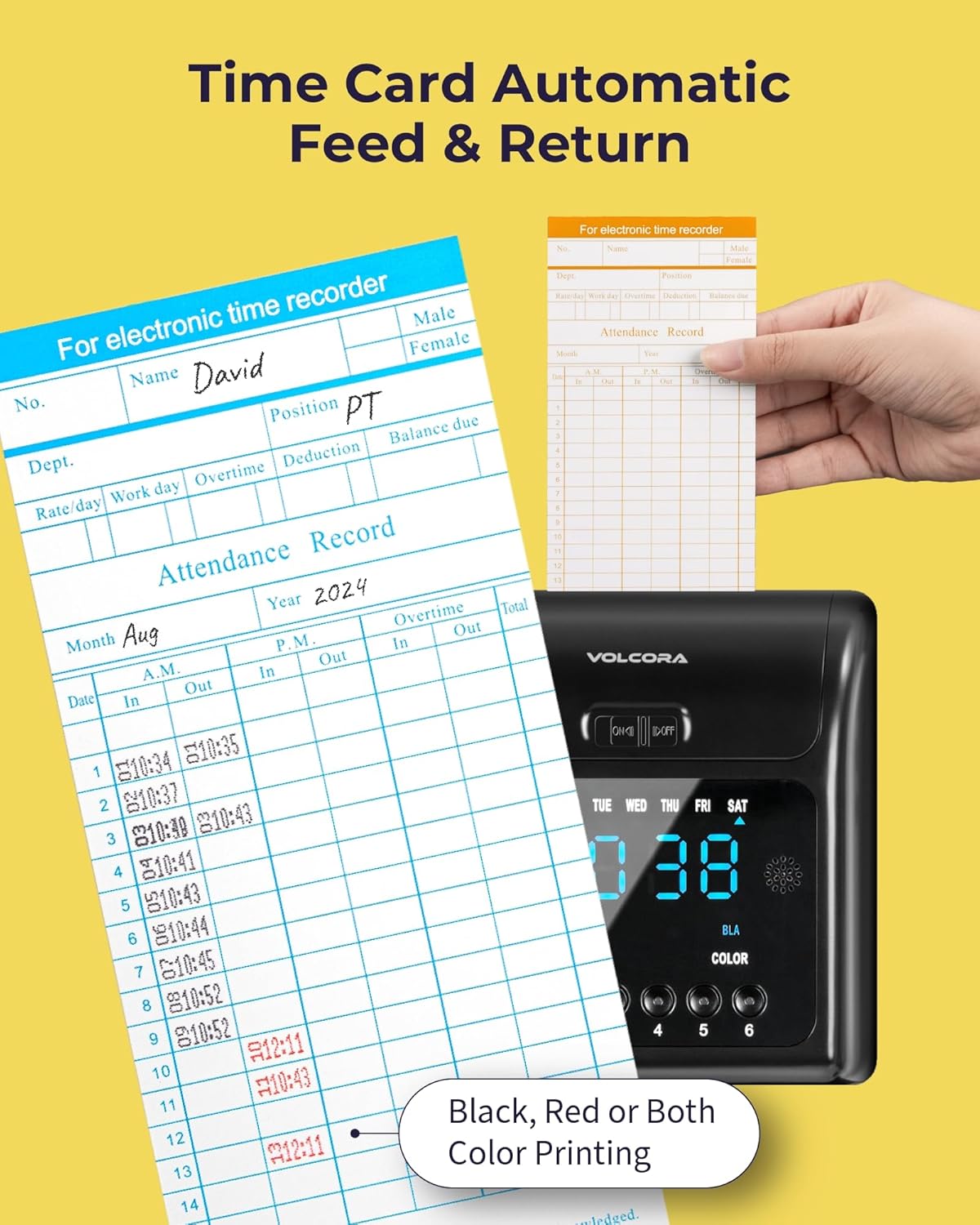 Volcora Time Clock for Employees with 150 Time Cards, 1 Ink Ribbon, 1 Rack, Punch Time Clocks Machine for Small Business with Backup Battery, Punch Clock No Key and Network Need, for Office, Retail
