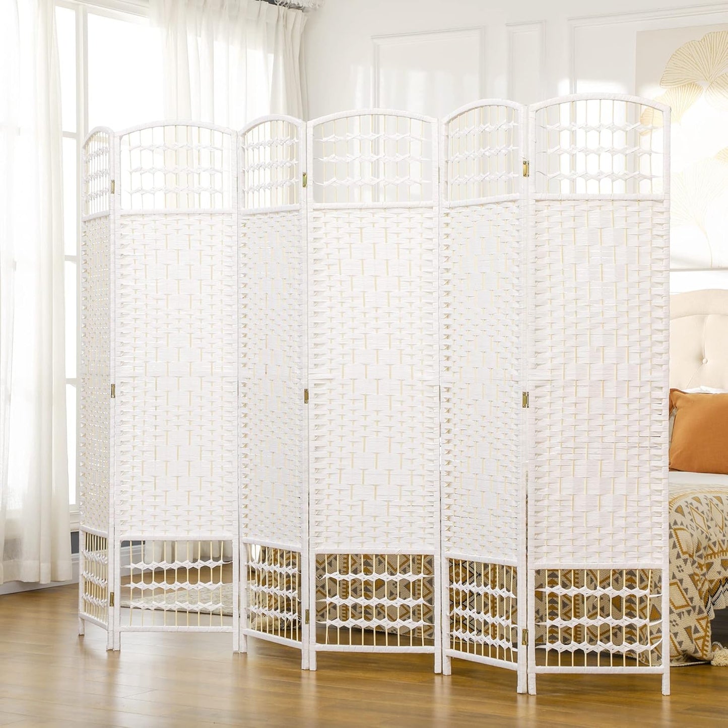NicBex Room Divider 6 Panel Room Dividers with Woven Paper Design Partition Room Dividers and Folding Privacy Screens 5.6 FT Wall Divider for Office, Room Separation,94.5" W x 0.5" D x 67" H, White
