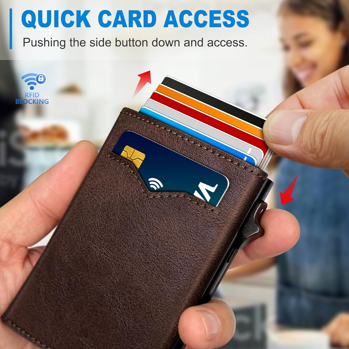 Wallet for Men,with Cash Pocket 2 ID Window 9-13 Cards,Metal Case Smart Slim Pop Up Credit Card Holder Flip with Magnetic Closure RFID Blocking Trifold wallet with Gift Box