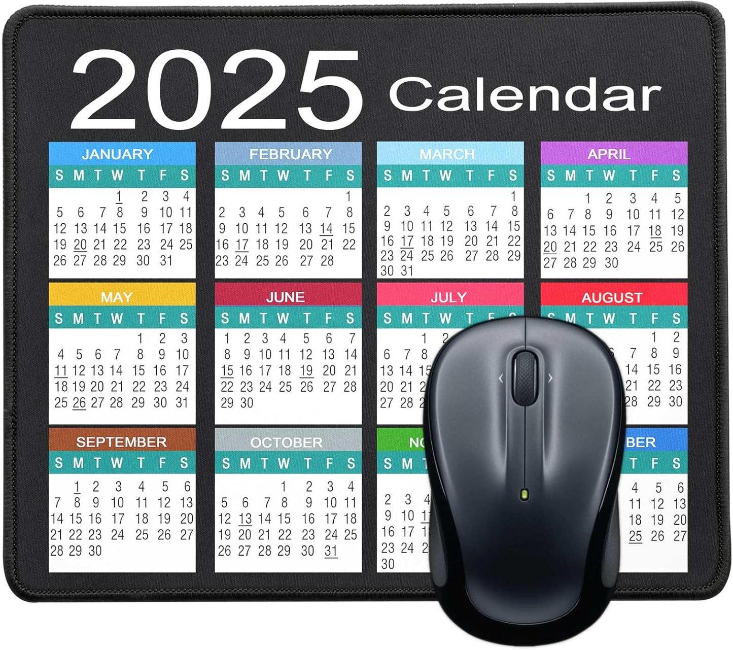 Mouse Pad with Non-Slip Rubber Base, Waterproof Computer Mousepad with Stitched Edges, Mouse Pads for Computers, Laptop, Gaming, Office & Home, 9.5 x 7.8 in (2025 Calendar White)