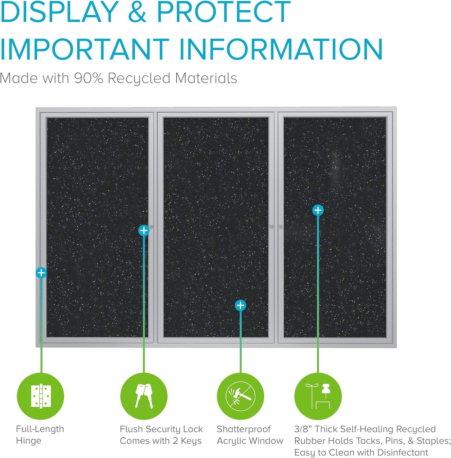 Ghent 36"x72" 3-Door indoor Enclosed Recycled Rubber Bulletin Board, Shatter Resistant, with Lock, Satin Aluminum Frame, Confetti (PA33672TR-CF) ,Made in the USA