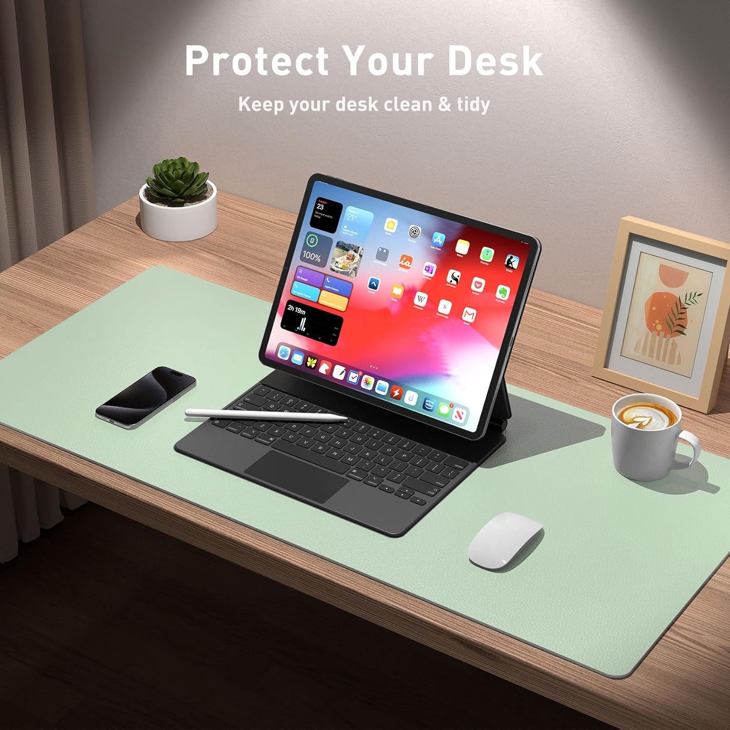Aothia Large PU Leather Desk Pad Protector - Non-Slip Mouse Pad & Writing Mat for Office/Home, Waterproof, Easy to Clean (48" x 17",Aqua)