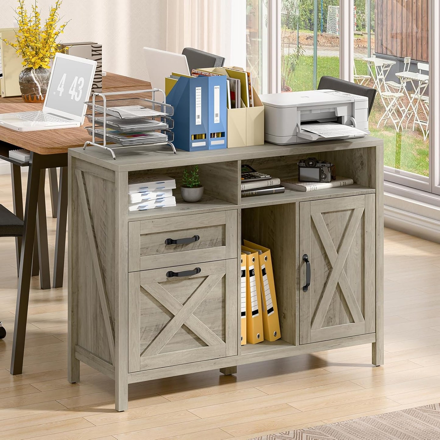 Lateral File Cabinet with 2 Drawers and Door, Farmhouse File Cabinet for A4/Letter Size Hanging Files, Large Wood File Storage Cabinets Printer Stand with Open Space for Home Office Furniture, Grey