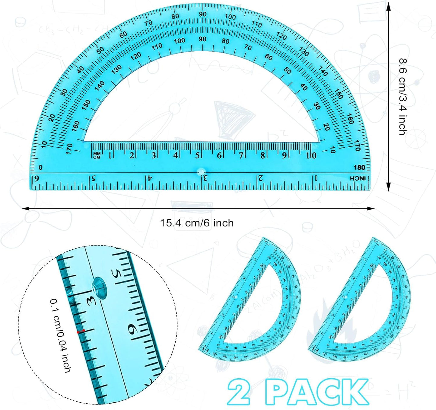 Zonon 2 Pcs 6 Inch Plastic Protractor Math Protractors 180 Degrees Angle Measurement, Translucent for Geometry Classroom Kid Student School Office Supplies(Blue)