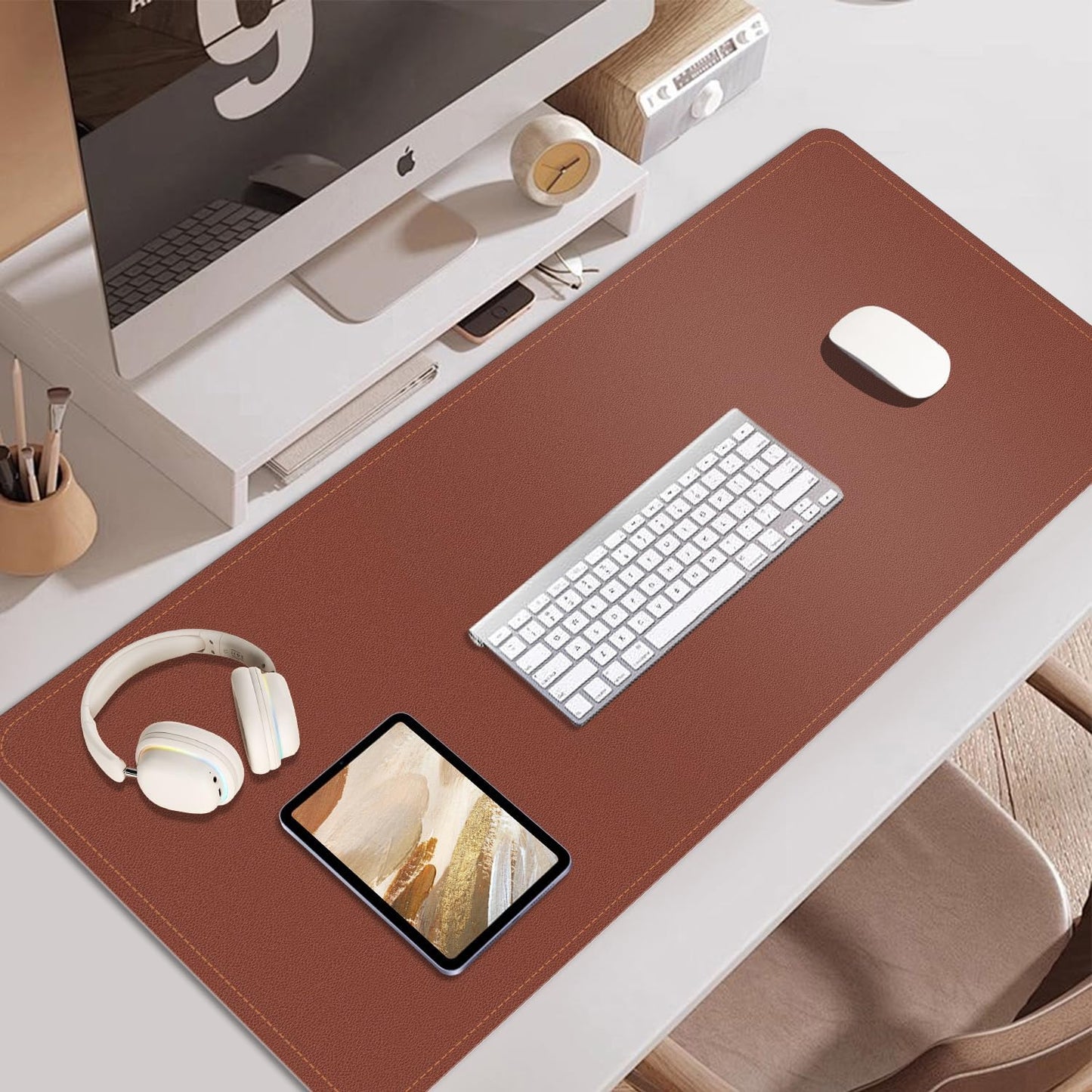 Large Desk Pad 35.4" x 17", Non-Slip Desk Mat with PU Leather & Natural Cork, Waterproof Writing Desk Natural Cork, Computer Mat Desk Protector for Office Home, Brown