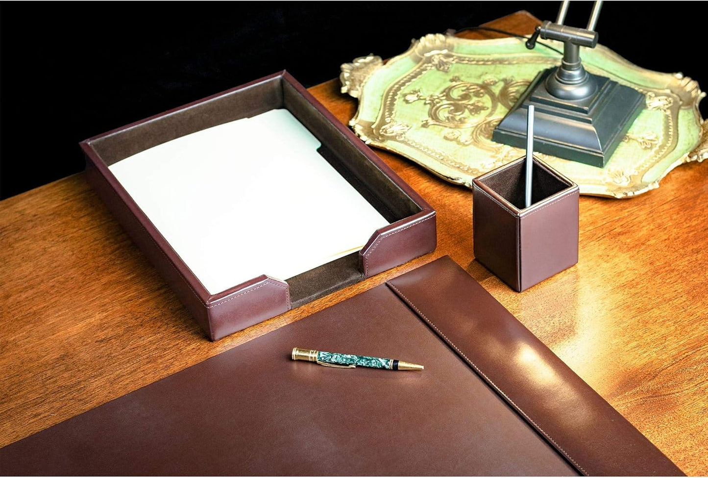 Dacasso Bonded Set Luxury Leather Desk Pad & Desk Organization Essentials, 3 Piece, Dark Brown
