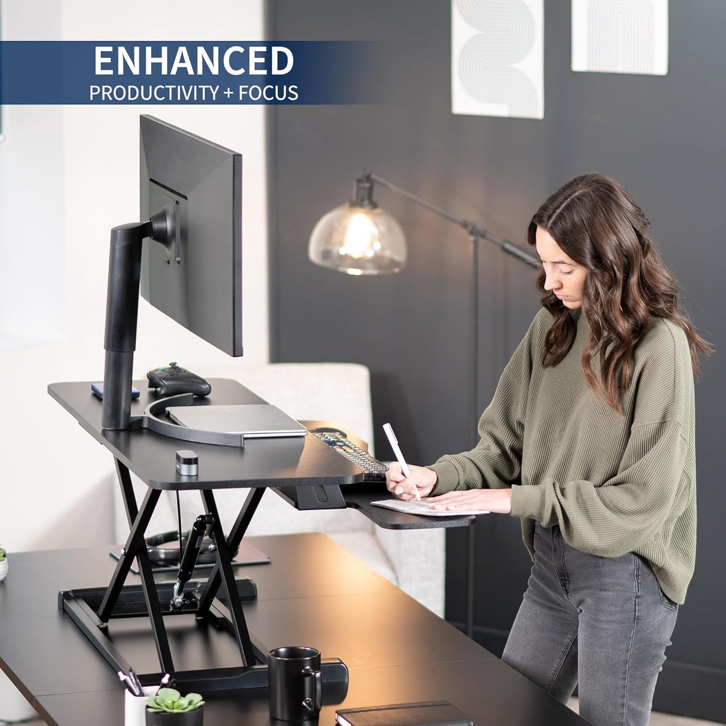 VIVO 42 inch Desk Converter, K Series, Height Adjustable Sit to Stand Riser, Dual Monitor and Laptop Workstation with Wide Keyboard Tray, Black Carbon Fiber Top, Black Frame, DESK-V042KR