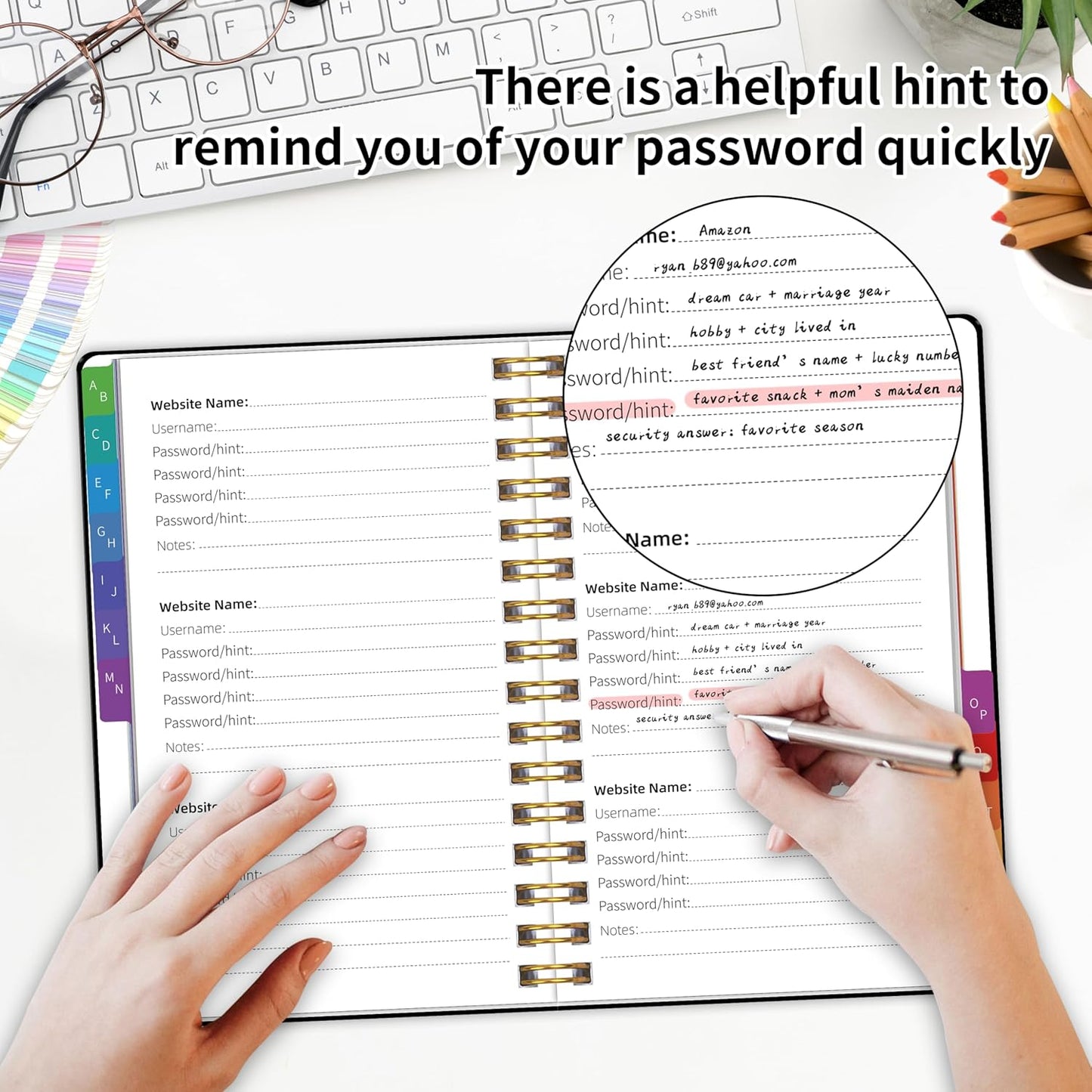 Password Book with Alphabetical Tabs, Password Keeper Book for Seniors, 5.8" X 8.2" Medium Size Password Notebook, Individual & Colorful Tabs, Spiral Hardcover Password Journal Logbook for Website Logins, Black