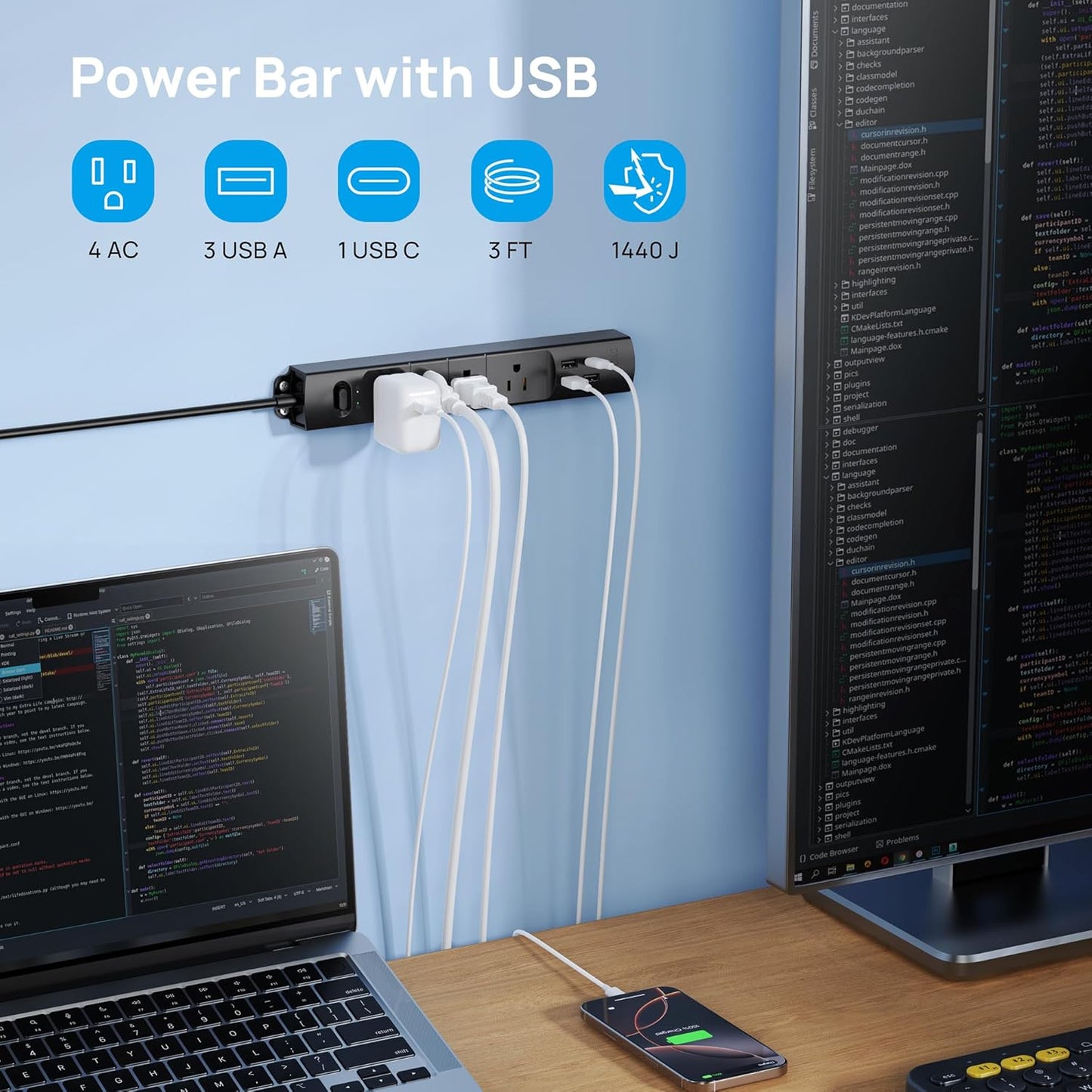 TROND Surge Protector Power Strip with USB, Ultra Thin Flat Plug 3ft Extension Cord 1625W, 3 USB A & 1 Type C, 4 AC Outlets 1440J Surge Protection, ETL Listed, Wall Mount for Home Office Dorm, Black