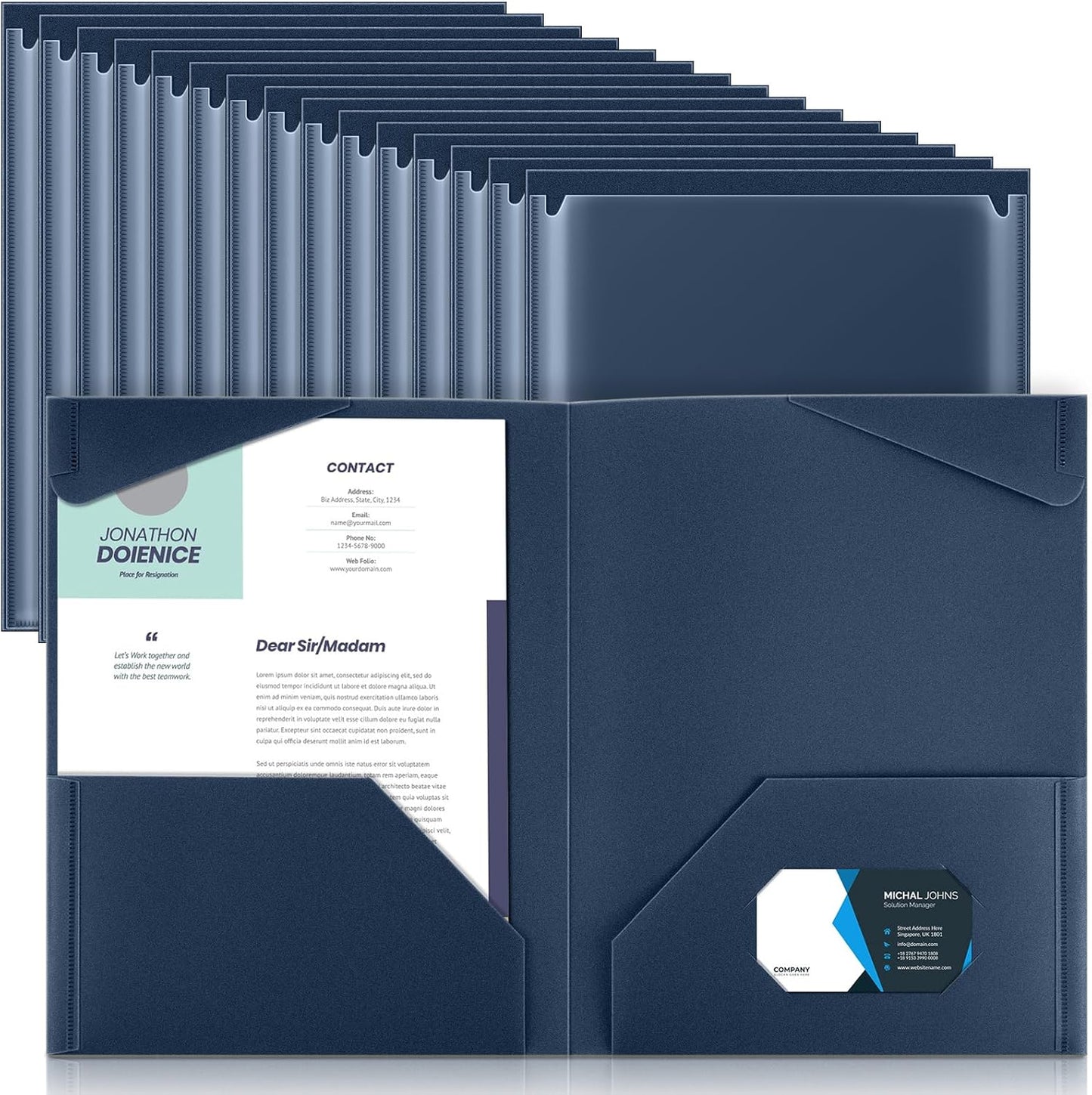Henoyso 36 Pcs Plastic Folders with Clear Front Pockets Heavy Duty File Folders with 2 Pockets and Card Slot for Student Communication School Office Presentation Report (Navy Blue)