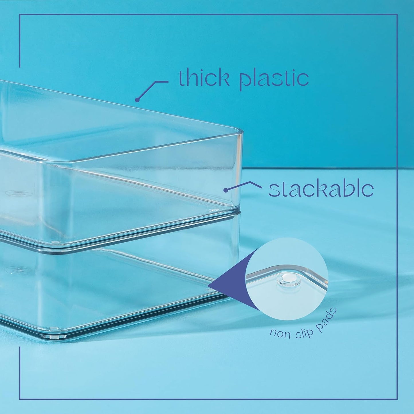 Plastic Clear Drawer Organizers. Bathroom, Kitchen, Bedroom, Makeup, Office Organizer Bins, Storage Trays. Heavy Duty, Stackable. 6" x 6" x 2" Set of 6