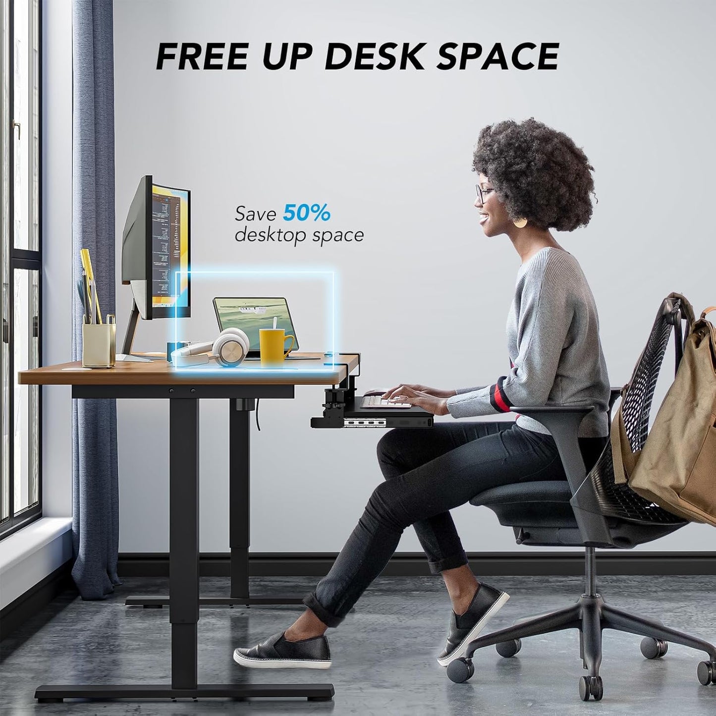 Keyboard Tray Under Desk Pull Out with Extra Sturdy C Clamp Mount System, 27.3 (32.5 inch Including Clamps) x 11 Inch Slide-Out Platform Computer Drawer for Typing Black AX01WB01