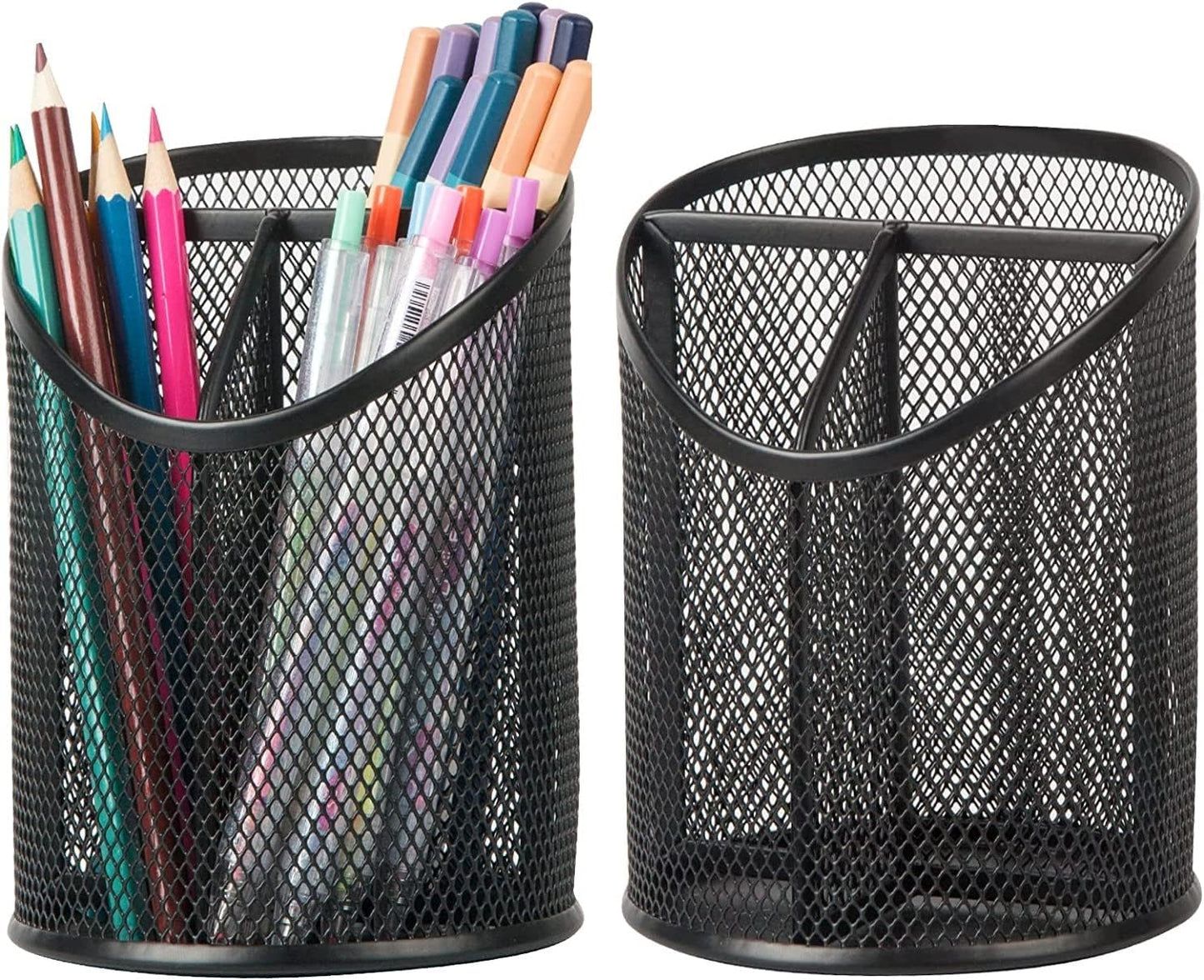 2 Pack Pen Holder Mesh Round Pencil Holder Desktop Organizer 3 Compartments, Black
