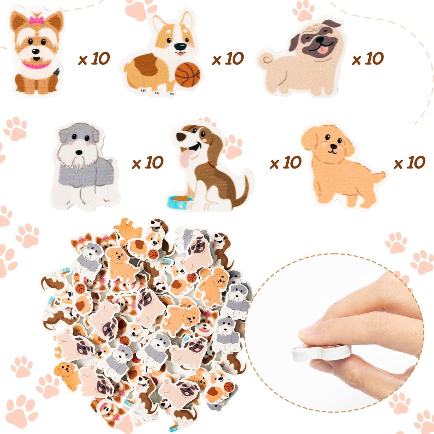 ANGOLIO 60PCS Animal Erasers for Kids - Cute Dog Pencil Toppers Classroom Rewards, 3D Mini Desk Pets for School Party Favors Birthday Gifts & Game Prizes
