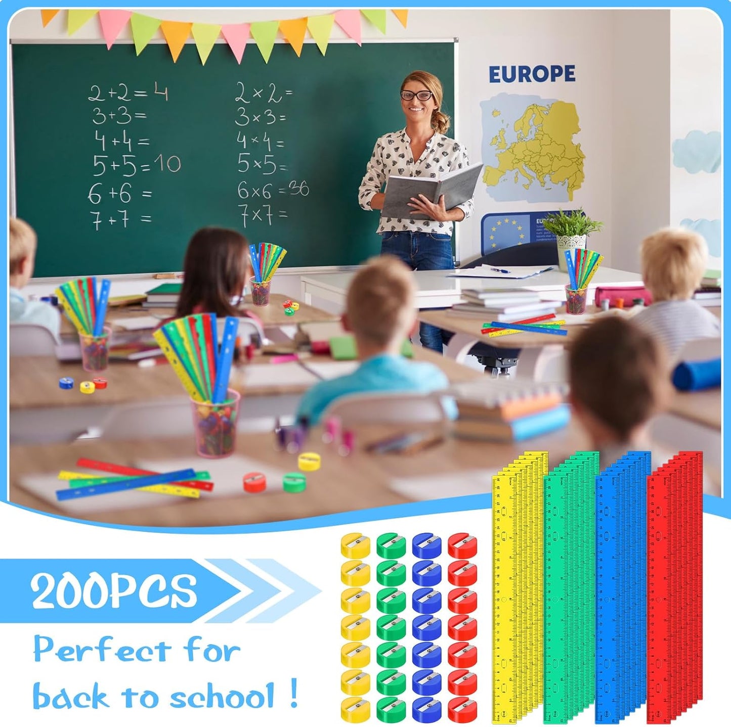 100 Pcs Plastic Rulers and 100 Pcs Mini Round Manual Pencil Sharpener Bulk, 4 Assorted Colors Pocket Sized Pencil Sharpeners Colorful Straight Ruler Back to School Supplies for Kids (Fresh,12 Inch)