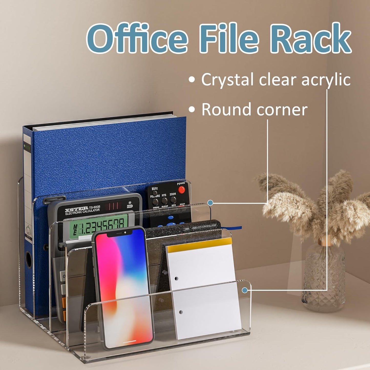 Acrylic File Holder 4 Compartment, Clear Desk File Organizer, Acrylic Organizer for Books, Phone, Ipad, Envelope, Notebook, Calculator