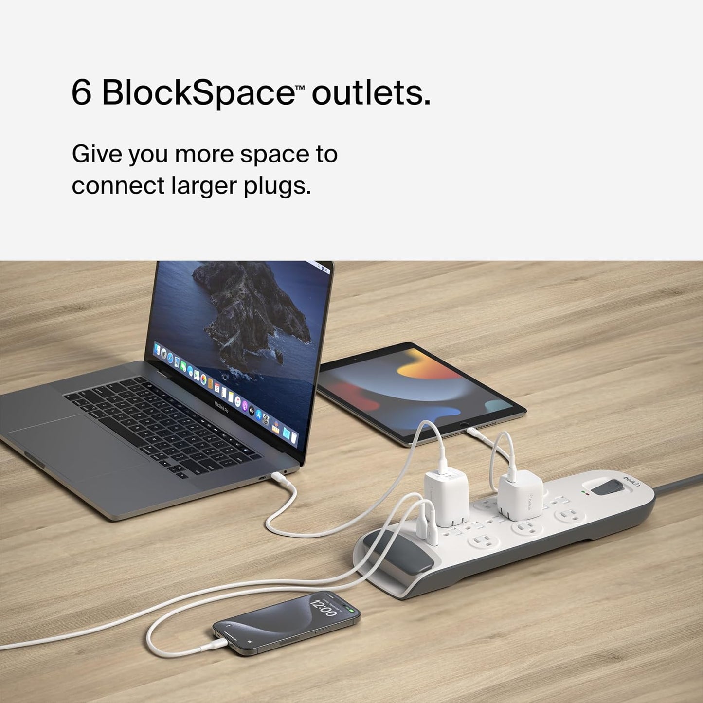 Belkin USB Power Strip Surge Protector - 12 AC Multiple Outlets & 2 USB Ports - 6 ft Long Flat Plug Extension Cord for Home, Office, Travel, Computer Desktop & Charging Brick - White (3,996 Joules)