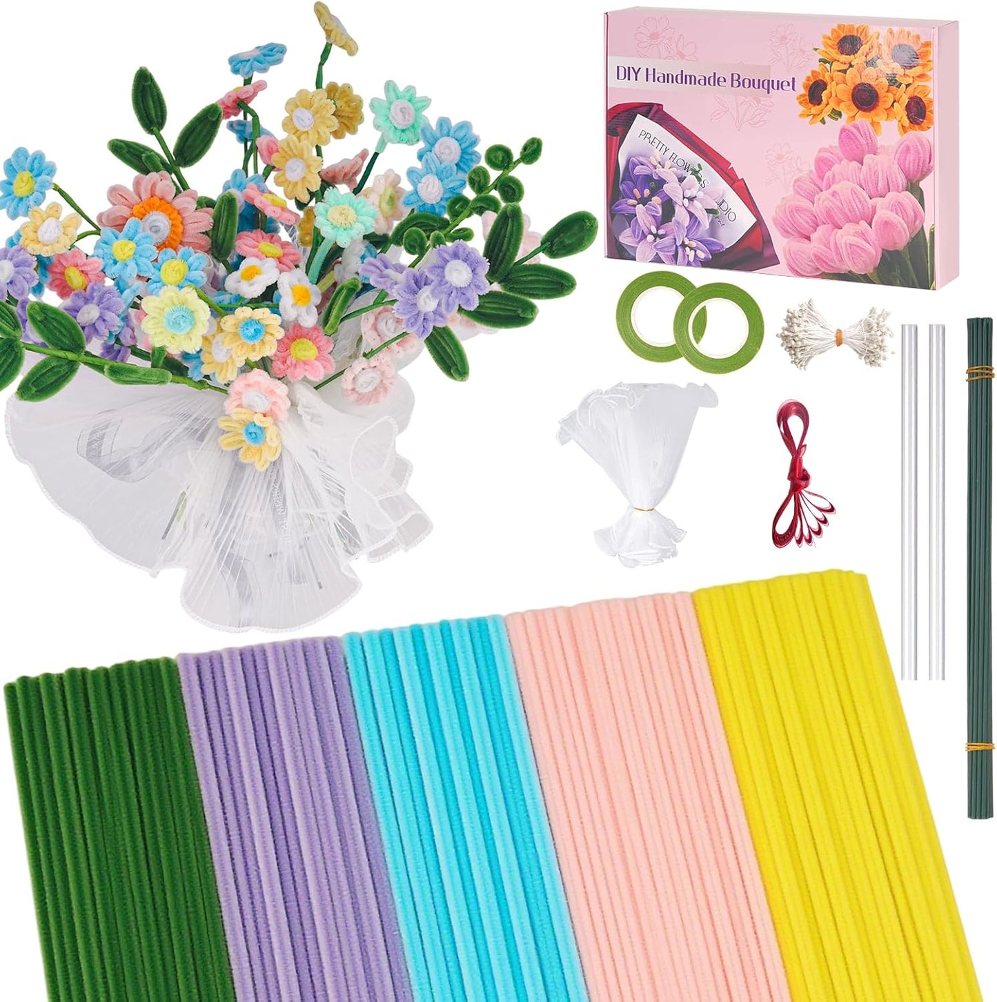 500 PCS Pipe Cleaners Craft Kit for Flower Making Daisy DIY Material Bundle with 20 Stems, 100 Stamens, Ribbon, Tulle, Glue Sticks & Step-by-Step Guide - Vibrant Colors, Non-Shedding, Fade-Resistant