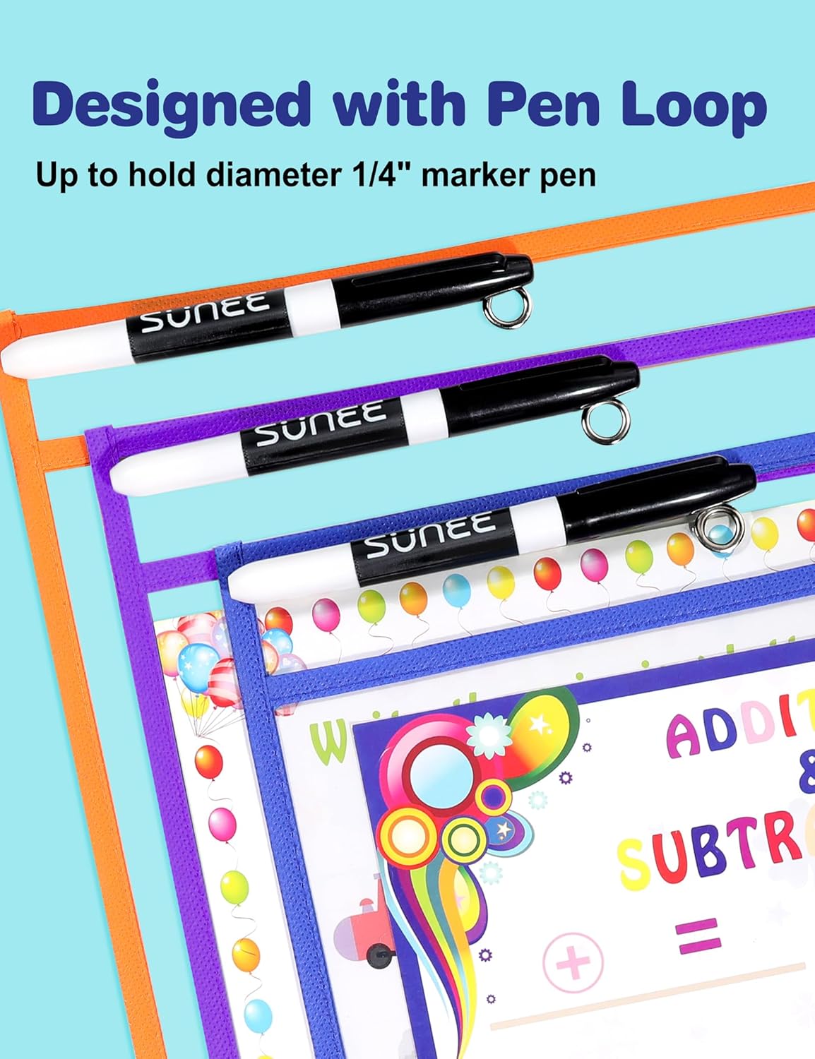 SUNEE 35 Packs Oversized Reusable Dry Erase Pocket Sleeves with 2 Rings, 10 Assorted Colors 10x14 Ticket Holders, Clear Plastic Sheet Protectors, Teacher School Classroom Supplies