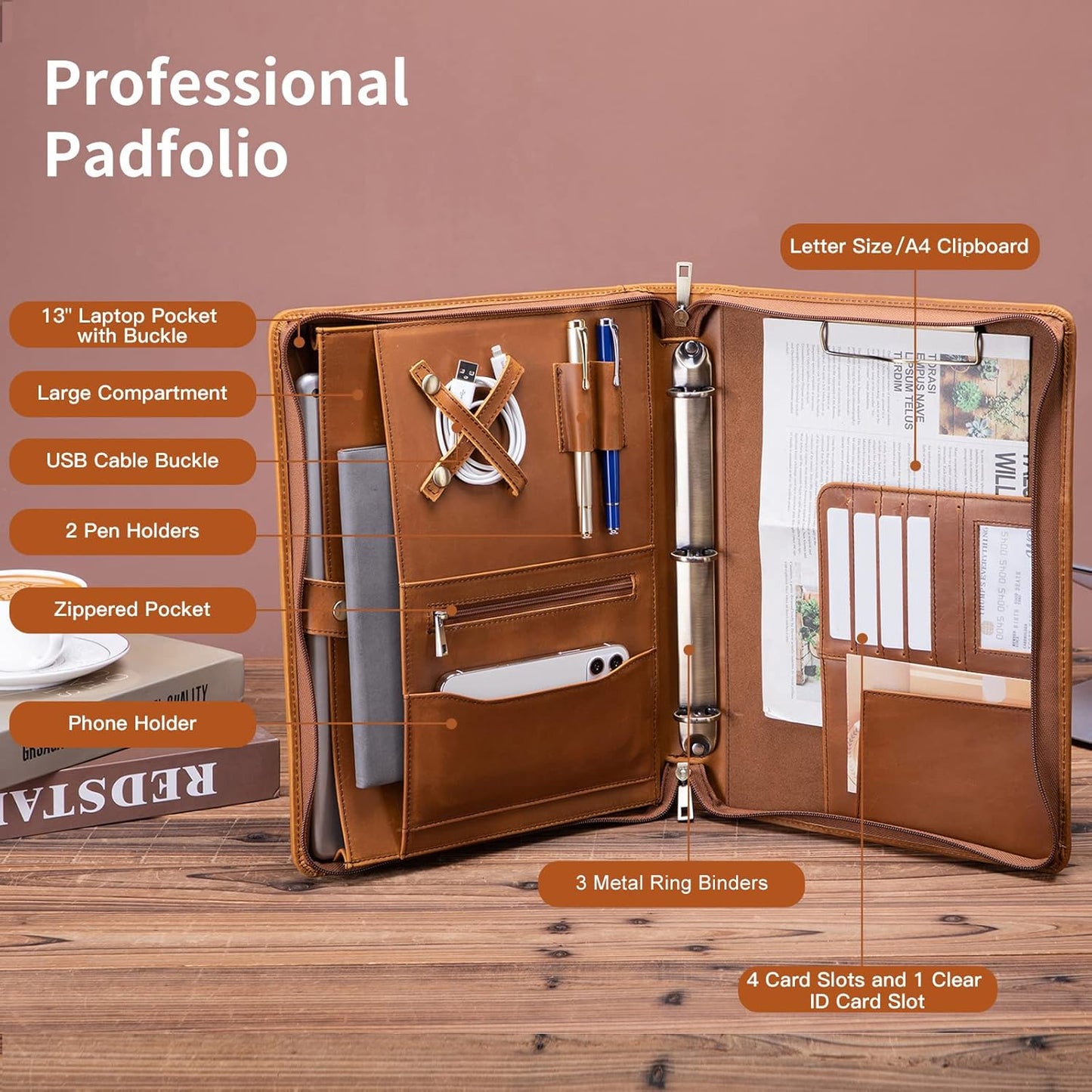 Personalized Genuine Leather Portfolio 3 Ring Binder with Clipboard, Hidden Handle, Custom Engraved 8.5 x 11 Zip Padfolio, Business Professional Organizer for Men Women, Brown